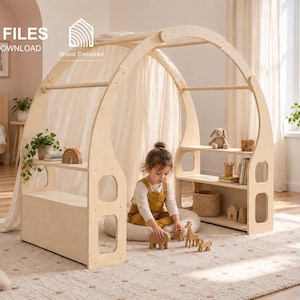 May include: A light-coloured wooden arched play structure with integrated shelving units on both sides. The structure features a draped fabric canopy and includes text labels for CNC FILES, DXF, SVG, STP, and IGS formats, along with a Wood Decoded logo.