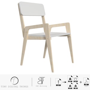 Könnte beinhalten: Ein weißer und naturfarbener Holzstuhl mit einem einfachen, modernen Design. Der Stuhl hat eine hohe Rückenlehne und Armlehnen. Der Stuhl ist aus Sperrholz gefertigt und für CNC-Fräsen geeignet.