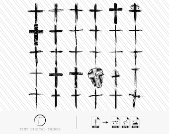 Op de afbeelding: Een set van 25 zwart-witte kruisontwerpen. De kruisen zijn getekend met een penseelstreek-effect en zijn gerangschikt in rijen. De kruisen zijn perfect voor gebruik in digitale projecten, zoals scrapbooking, kaartmaken en webdesign.