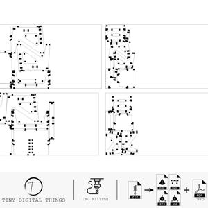May include: Four black and white digital design files for CNC milling. The files are for a 3D model of a chair. The files are available in ZIP, DXF, STP, and PDF formats. The text "TINY DIGITAL THINGS" and "CNC Milling" are visible at the bottom of the image.
