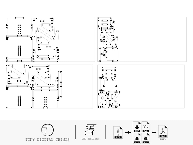 May include: Four black and white digital design files for CNC milling. The files are for a 3D model of a chair. The files are available in ZIP, DXF, STP, and PDF formats. The text "TINY DIGITAL THINGS" and "CNC Milling" are visible at the bottom of the image.