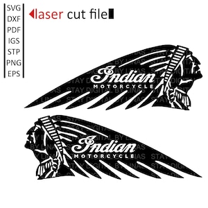 May include: Black and white vector graphic design of the Indian Motorcycle logo. The logo features an Indian headdress with feathers and the words "Indian Motorcycle".