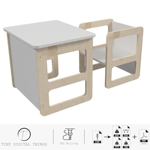 May include: A white and natural wood children's table and chair set. The table has a white top and open sides. The chair has a white back and seat. The set is designed for children to use for play, crafts, or eating.