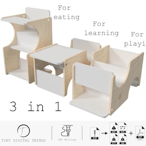 以下が含まれることがあります： ハイチェア、テーブルと椅子、遊具の3つの機能を備えた、木製の子ども用家具セットです。セットは天然木で作られており、白い仕上げが施されています。家具は、子どもが食事、学習、遊びをするために設計されています。