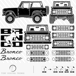 Puede incluir: Ilustración digital en blanco y negro de un SUV Bronco clásico en múltiples vistas, incluyendo vistas laterales, frontales y superiores. La imagen también presenta el logotipo de Bronco e iconos de formatos de archivo.