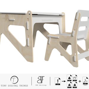 May include: A white and natural wood children's desk and chair set. The desk has a white top and a natural wood base with a unique design. The chair has a white back and seat with a natural wood base.