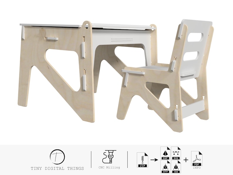 May include: A white and natural wood children's desk and chair set. The desk has a white top and a natural wood base with a unique design. The chair has a white back and seat with a natural wood base.