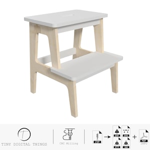May include: White wooden two-step stool with rounded edges. The stool is made of plywood and has a simple, modern design.  Tiny Digital Things CNC Milling.