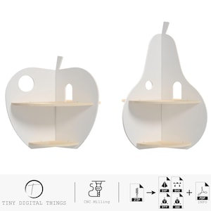 May include: Two white wooden corner shelves, one shaped like a pear and the other shaped like an apple. Both shelves have two shelves and a cutout in the front. The shelves are made for a child's room and are available as digital downloads.