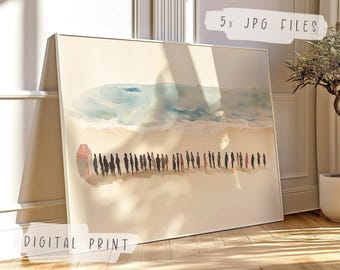 May include: A watercolor painting of a beach scene with a line of people standing on the sand. The ocean is in the background, and the sky is a light blue. The painting is framed in a white frame.