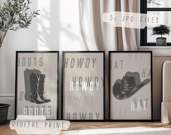 Cowboy wanddecoratieset van 3 | Minimalistische zuidelijke wandposter | Vintage western cowgirlkunst | Woondecoratieprint |