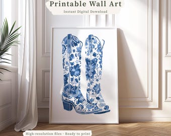 Print met blauwe cowboylaarzen | Minimalistische zuidelijke muurposter | Vintage western cowgirl kunst | Leuke muurdecoratie voor thuis |