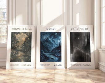 Set of 3 Throne of Glass, Acotar, Crescent City Printable Wall Art | Sarah J Maas inspired Fanart | Velaris, Terrasen, Lunathion Print |