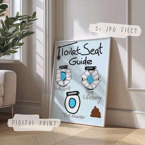 Op de afbeelding: Een ingelijste digitale print getiteld "Toilet Seat Guide" met illustraties van toiletzittingontwerpen. De print bevat de tekst "The Ship", "The Lifebuoy" en "The Hover", samen met een afbeelding van een hoop poep. De woorden "5x JPG FILES" en "DIGITAL PRINT" zijn ook zichtbaar.
