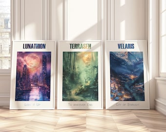 3er Set Throne of Glass, Acotar, Crescent City Druckbares Wandbild | Sarah J Maas inspirierte Fanart | Velaris, Terrasen, Lunathion Druck |