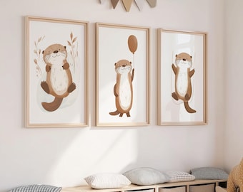 Zestaw 3 elementów do pokoju dziecięcego Otter Nursery | Minimalistyczne plakaty ze zwierzętami | Dekoracja ścienna do pokoju dziecięcego ze zwierzętami wodnymi | Prezent dla noworodka | Wydruk cyfrowy
