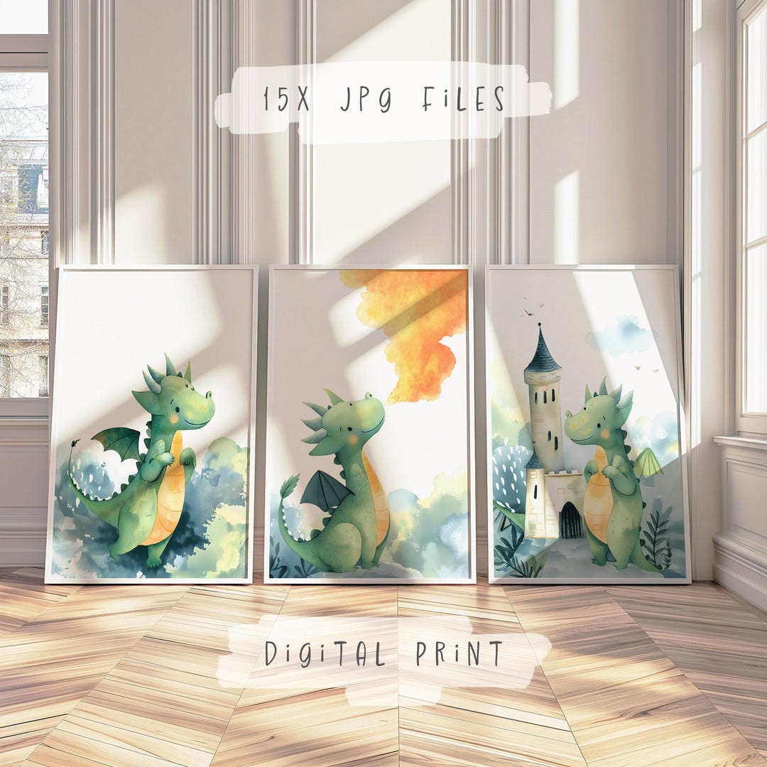 Dragon Nursery Decorations Set of 3 Print | Childrens Dragon Art | Boys ...