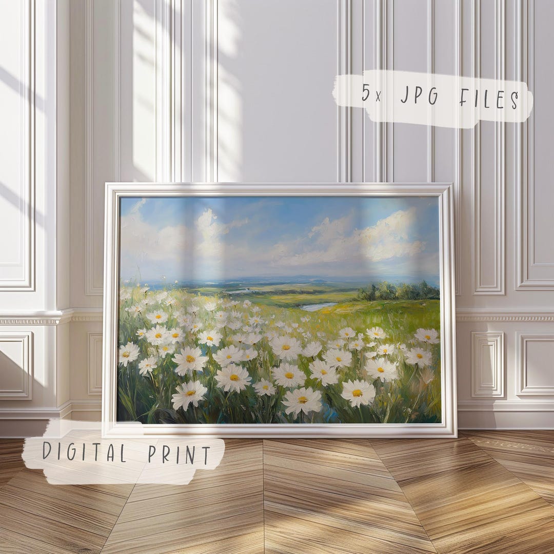 Daisy Landscape Art Print | Wildflower Field Wall Art | Flower Sky ...