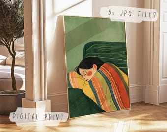 Retrato verde-esmeralda de uma mulher adormecida | Impressão minimalista listrada | Arte de parede elegante para quarto | Impressão moderna