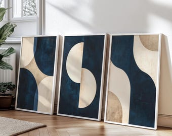 Navy Blue modernism Wall Art | Simple Abstract Set of 3 Prints | Midcentury Geometric print | Minimalist Office Wall decor
