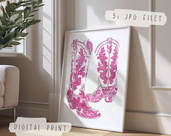 Pink Cowboy Boots Print | Pink Cowboy Boots Wall Art | Minimalist Southern Wall Poster | Vintage Western Cowgirl Art | Cute Apartment Decor