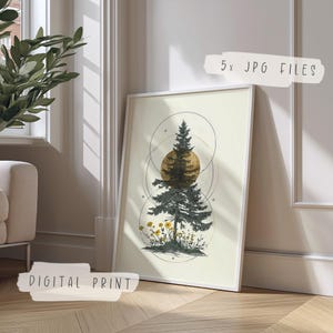Könnte beinhalten: Gerahmter Digitaldruck mit einer stilisierten Illustration eines Kiefernbaums mit goldener Sonne und geometrischen Formen. Das Kunstwerk enthält den Text "5 x JPG FILES" und "DIGITAL PRINT". Die Farbpalette umfasst Grün-, Gold- und Cremetöne.
