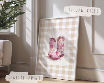 Pink Cowboy Boots Print | Pink Cowboy Boots Wall Art | Minimalist Southern Wall Poster | Vintage Western Cowgirl Art | Cute Apartment Decor
