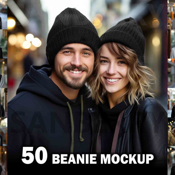 50 Beanie mockup Bundle - Winter cuffed beanie model - Mock ups for hats – Christmas trendy knitted hat–Fall blank knit hat–Digital Printful