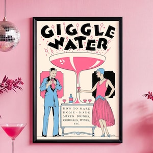 Impresión de arte de pared Giggle Water, póster de cóctel retro en estilo art déco, póster vintage de color rosa champán para decoración de bar