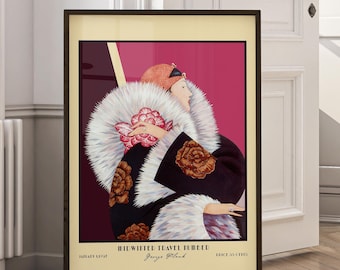 Zeitschriften Cover Print | Retro-Chic Wand Kunst | Vintage Art Deco Plakat von George Plank 1920s | Frau im Pelz | Pinke bezaubernde Illustration