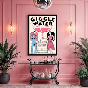 Art Deco-style cocktail poster featuring a pink champagne theme, perfect for retro bar decor.