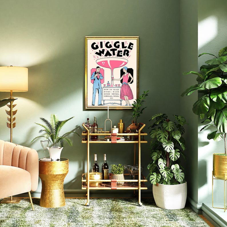 Vintage cocktail art print showcasing a playful "Giggle Water" design in pastel pink.