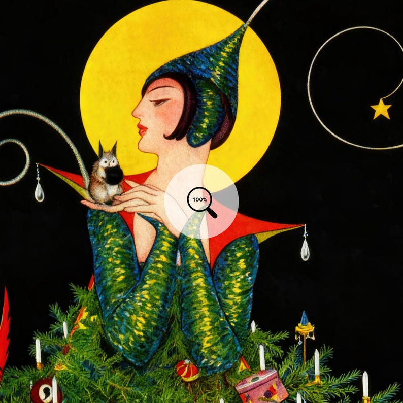 Close-up detail of the Vogue Christmas illustration — elegant woman with a golden halo dressed in a Christmas tree of ornaments and candles. Stunning Art Deco Vogue print ideal for glam holiday home decor.
