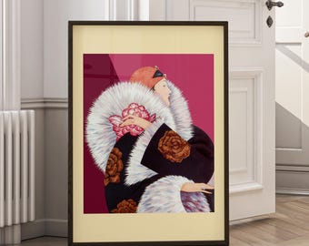 Vintage Art Deco Fashion Print - 1920s Glamour Poster - Elegant Woman in Fur Illustration - Maximalist Roaring Twenties Wall Decor