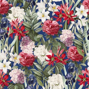 Charm of Ruby Meadows - Botanical Floral Pattern, Red Amaryllis Pattern, Pink Hydrangea Pattern, Purple Irises Pattern Print, Commercial Use