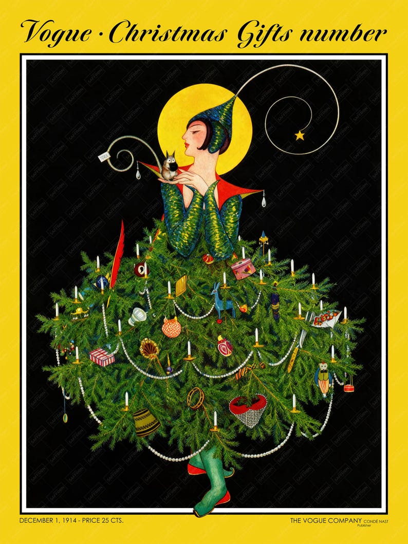 Full vintage artwork of Vogue Christmas Gifts Number, December 1914. The illustration captures timeless holiday glamour and vintage fashion elegance, perfect for Vogue lovers and Christmas wall decor enthusiasts.