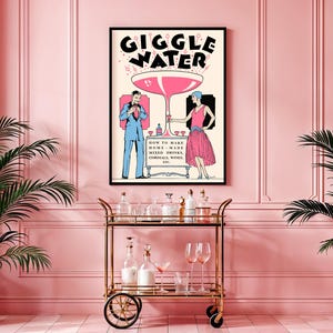 Retro cocktail poster with pink champagne and geometric accents, ideal for bar wall art.