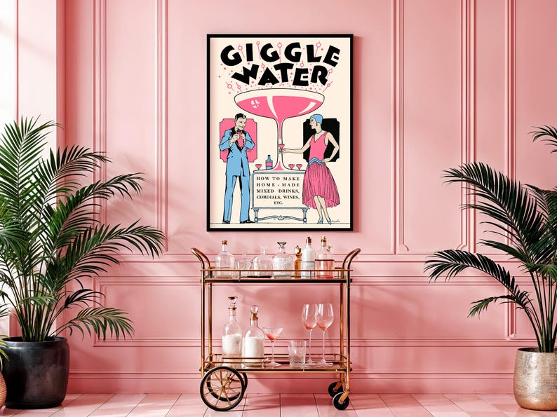 Retro cocktail poster with pink champagne and geometric accents, ideal for bar wall art.