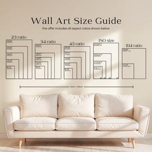 May include: A wall art size guide with different aspect ratios and measurements in inches and centimeters. The guide includes 2:3, 3:4, 4:5, ISO, and 11:14 ratios. The measurements are listed in a grid format with the largest size at the top and the smallest size at the bottom.