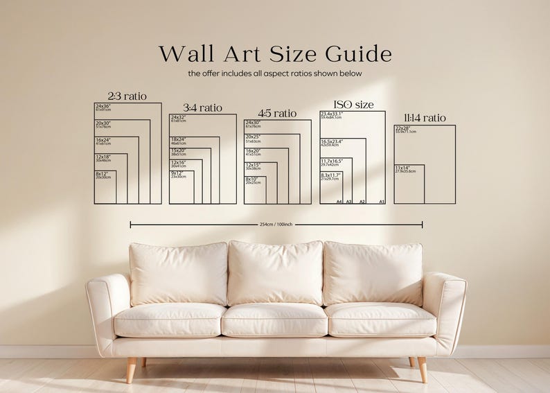 May include: A wall art size guide with different aspect ratios and measurements in inches and centimeters. The guide includes 2:3, 3:4, 4:5, ISO, and 11:14 ratios. The measurements are listed in a grid format with the largest size at the top and the smallest size at the bottom.