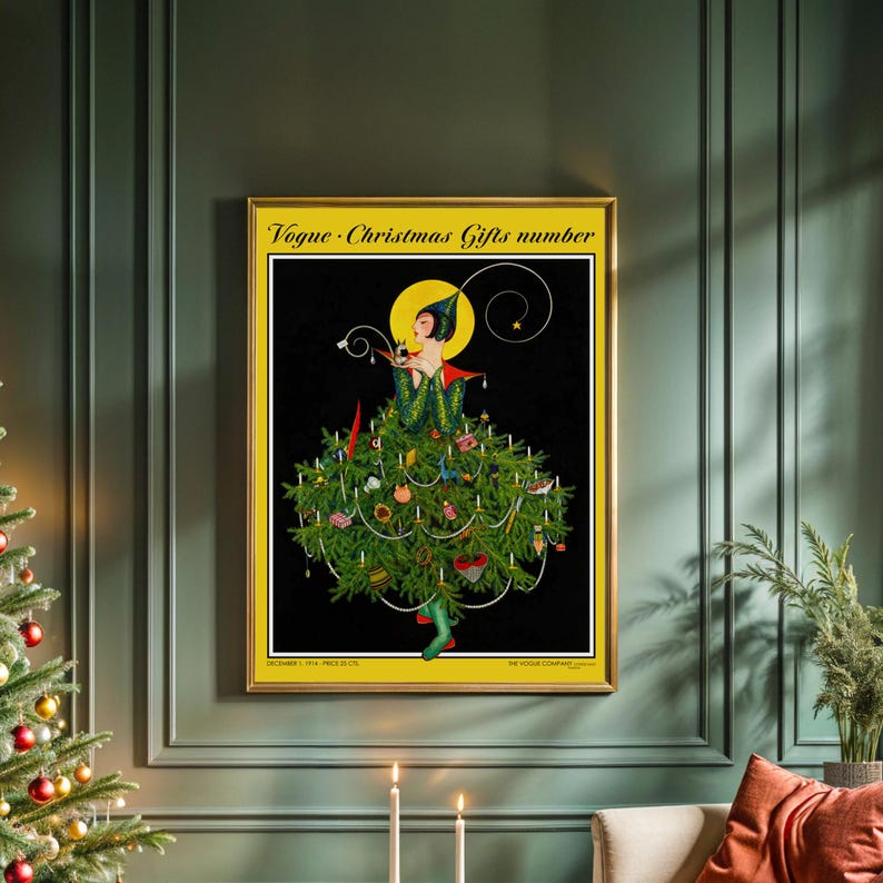 May include: A framed vintage Vogue Christmas Gifts number cover art print. The artwork features a woman in a dress shaped like a Christmas tree, adorned with ornaments. The background is black with a yellow border and gold frame.