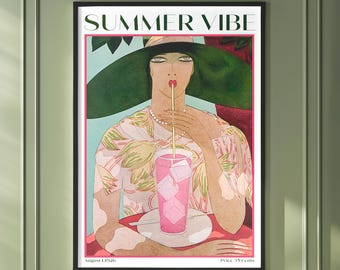 Vintage Magazine Cover Wall Art, Art Deco Woman with Cocktail Magazine Cover Print, Summer Pink Cocktail Poster Digital Download