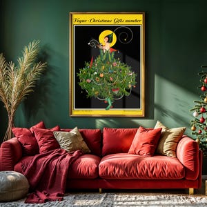 Chic living room decorated for Christmas with a framed Vogue holiday cover print. The artwork adds festive sophistication and Parisian glamour to seasonal decor, ideal for vintage style homes or elegant winter spaces.