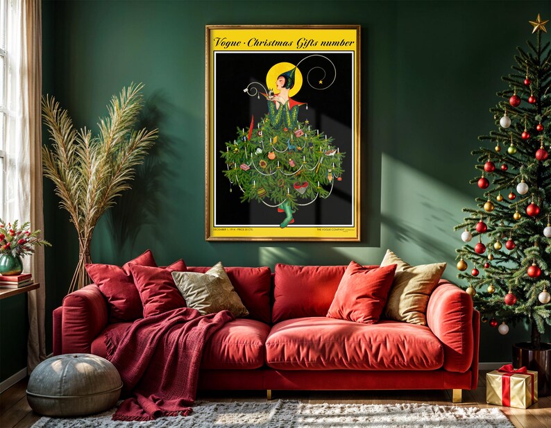 Chic living room decorated for Christmas with a framed Vogue holiday cover print. The artwork adds festive sophistication and Parisian glamour to seasonal decor, ideal for vintage style homes or elegant winter spaces.