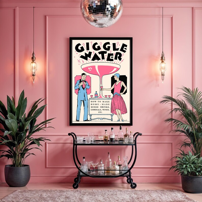 Art Deco-style cocktail poster featuring a pink champagne theme, perfect for retro bar decor.