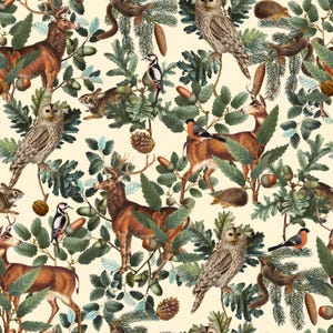 Motivo di animali selvatici della foresta invernale di Natale con cervi, gufi e uccelli - Tessuto e carta da parati con fauna selvatica senza soluzione di continuità per le vacanze