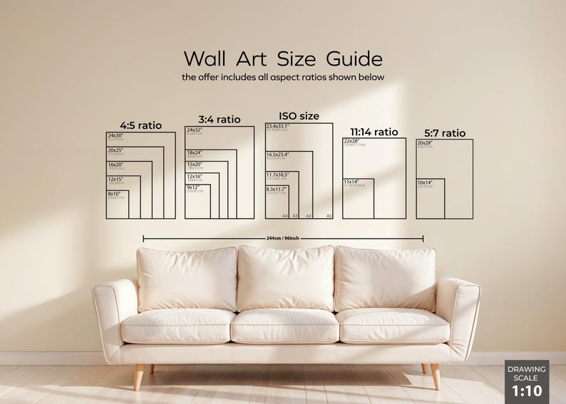 May include: A wall art size guide with various aspect ratios, including 4:5, 3:4, ISO, 11:14, and 5:7, is displayed above a cream-colored sofa. The guide includes measurements in inches and centimeters. The text "Wall Art Size Guide" is at the top.