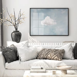 Nubes flotando en el cielo tranquilo, decoración de pared minimalista, cielo pastel con impresión de nubes blancas, póster de nubes de serenidad con orientación horizontal