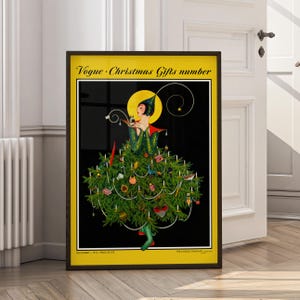 Warm cozy holiday room with Christmas tree lights and candles, featuring the Vogue Christmas Gifts cover by George Plank. This vintage fashion art print brings timeless elegance and winter charm to your seasonal decor.