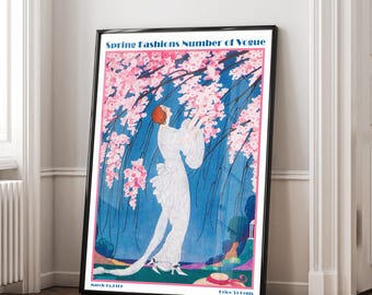 Vintage Art Deco Magazine Cover Wall Art, Spring Cherry Blossom Tree Poster, Fashion Woman Magazine Cover Print Digital Download